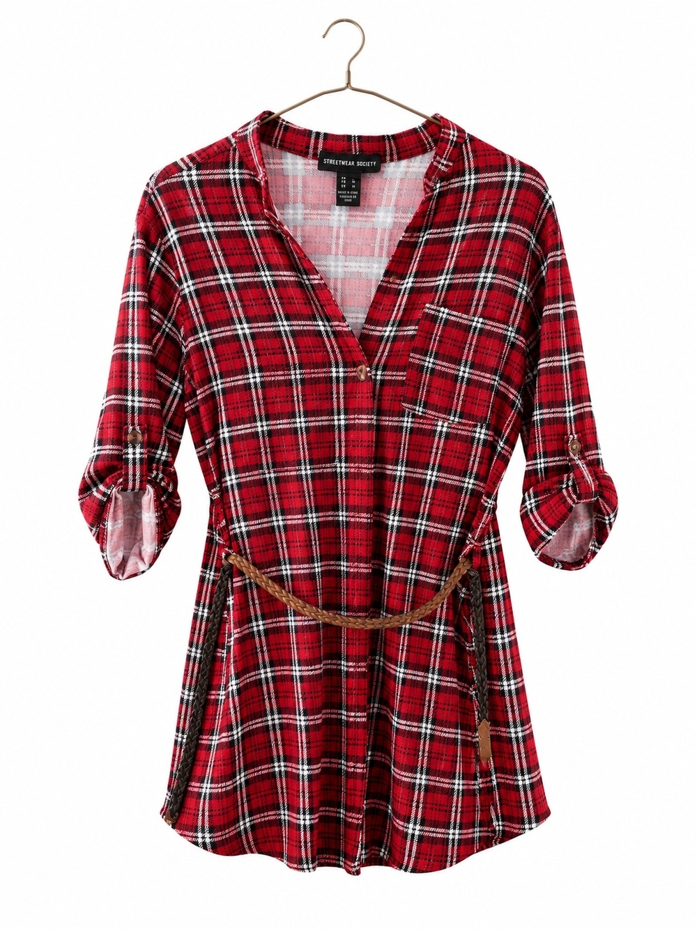 Streetwear Society Red Plaid Belted Tunic Top